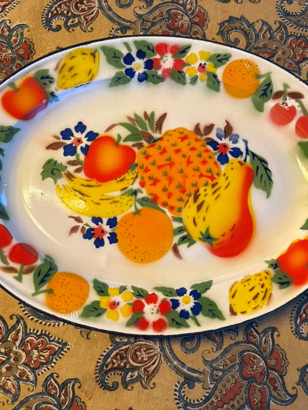 Vintage Fruit Pattern Platter - Bright Multi-Color, MCM, 50s, enamelware